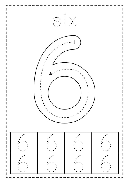 Vector tracing number six preschool worksheet black and white