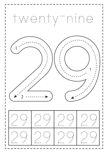 Tracing number twenty nine Preschool worksheet Black and white