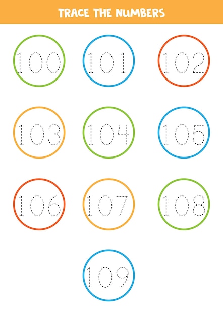 벡터 100에서 109까지 숫자 추적하기 아이들을 위한 쓰기 연습