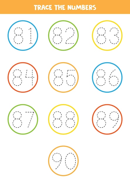 Vector tracing numbers from 81 to 90 writing practice for kids