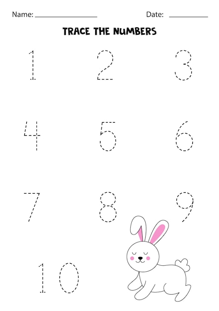 Tracing numbers from one to ten with cute rabbit Writing practice