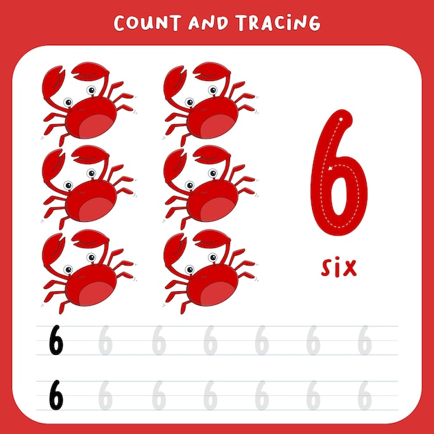 Tracing numbers worksheet number six with crab