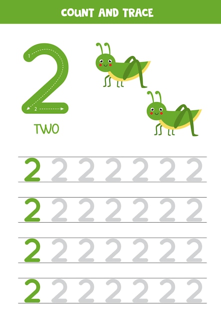 Tracing numbers worksheet with cute grasshopper. trace number 2.