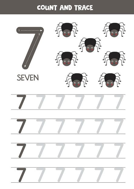 Vector tracing numbers worksheet with cute insects. trace number 7.