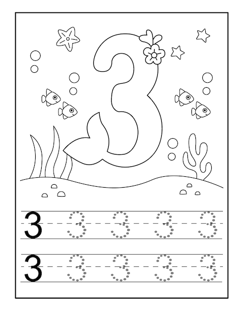 Tracing numbers worksheet with cute mermaid