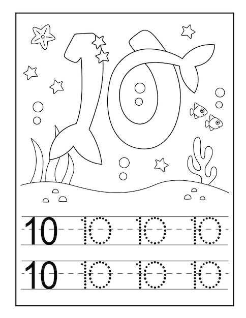 Vector tracing numbers worksheet with cute mermaid