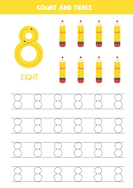 Tracing numbers worksheet with eight cute pencils.