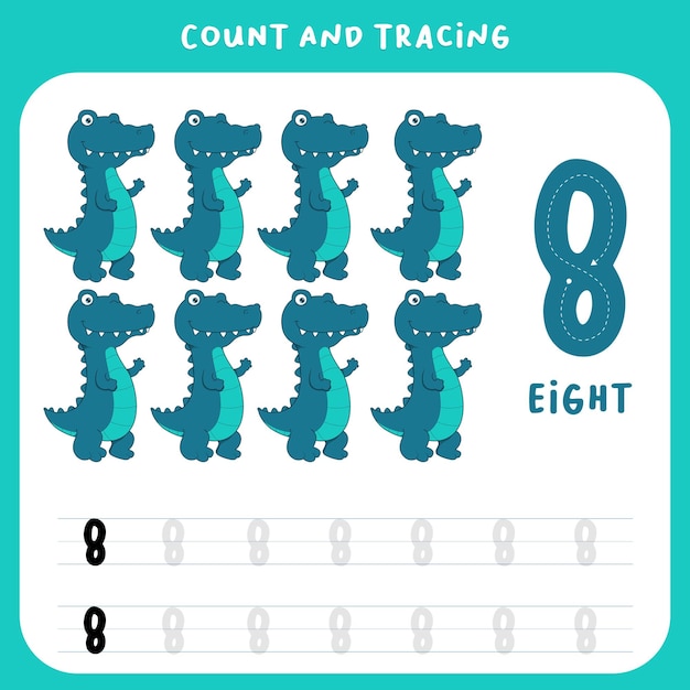 Tracing numbers worksheetnumber eight with cute alligator