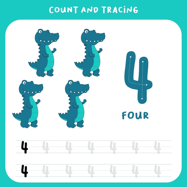 Tracing numbers worksheetnumber four with alligator