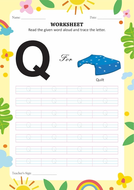 어린이 편지 q를 위한 추적 및 읽기 워크시트