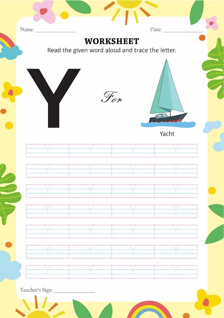 Vector tracing and reading worksheet for kids letter y