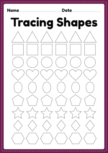 Tracing shapes worksheet for kindergarten and preschool kids for handwriting practice