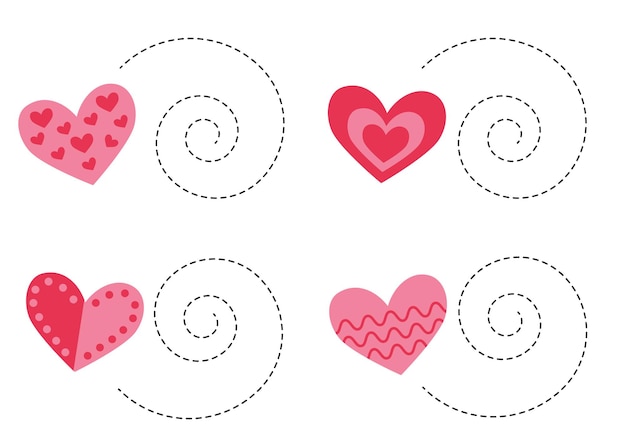 Vector tracing spiral lines for kids cute cartoon pink hearts handwriting practice