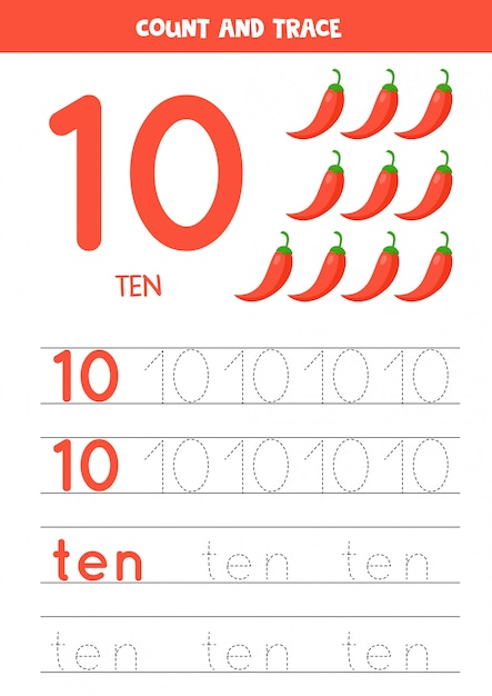 단어 10과 숫자 10을 추적. 만화는 칠리 고추 그림을 걱정.