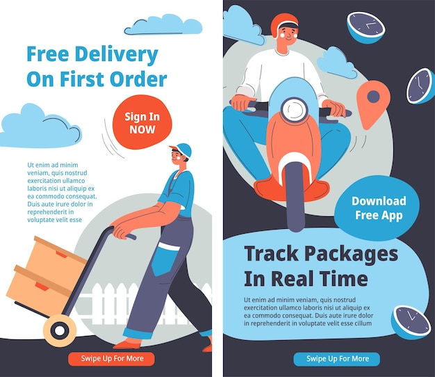 Track packages time free delivery on first order Swipe up for more information distribution and service for loyal clients of shops Advertisement promotional banner vector in flat style