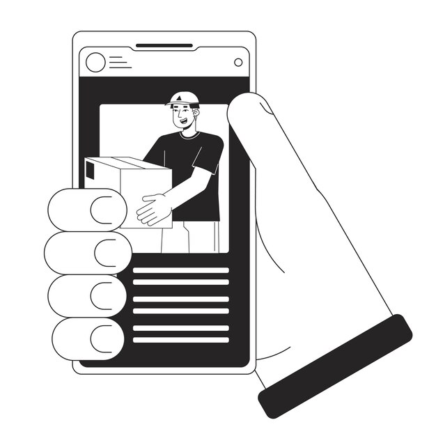 Tracking package delivery by courier bw concept vector spot illustration Online app on smartphone 2D cartoon flat line monochromatic hand for web UI designeditable isolated outline hero image