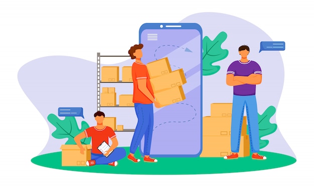 Tracking package flat color illustration. getting post notification. sending order. delivery services. boy sitting next to box isolated cartoon character on white background