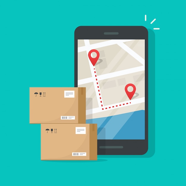 Tracking van pakketbezorging op bestemmingen op de stadsplattegrond van mobiele telefoons en mobiele telefoons