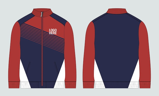 Tracksuits jacket sweatshirt technical fashion flat sketch vector illustration Navy color template