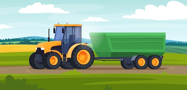 Tractor on the background of nature in a farm field a heavy machine for working in the field growing and collecting ecological farm products vector illustration