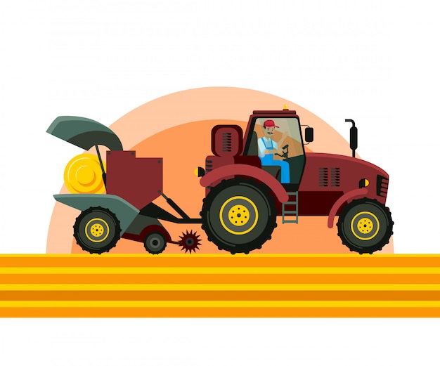 Tractor baler in field vector illustration