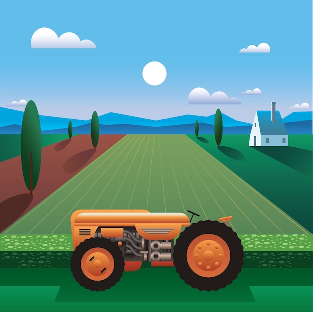 Vector tractor in a cartoon farm