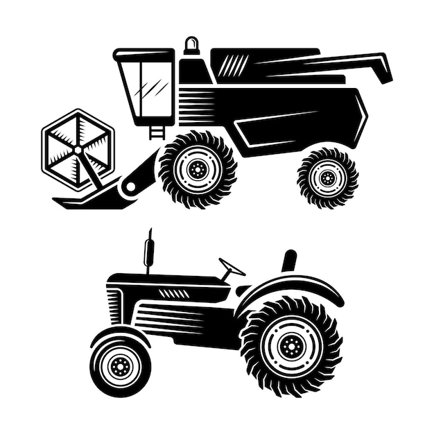 Tractor and combine set of two back vector objects or design elements isolated on white background