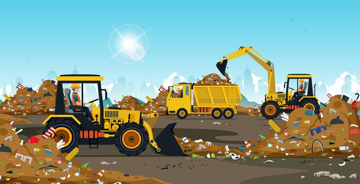 Vector the tractor driver manages the garbage dump taken from the city