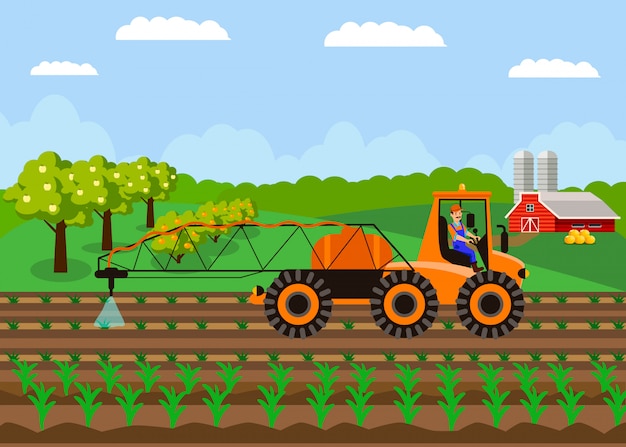 Vector tractor gietende grond, gebieds vectorillustratie