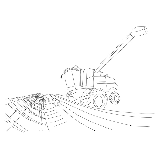 Tractor line art illustration Harvester combine hand drawn