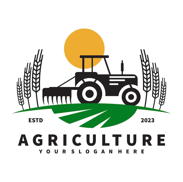 Vettore logo del trattore per l'agricoltura agronomica agricoltura del grano campi agricoli rurali raccolto naturale