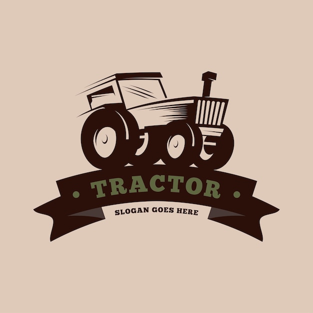 Concetto di design del logo del trattore per il logo aziendale nel settore agroalimentare logo del veicolo per l'aratura di campi e campi di riso