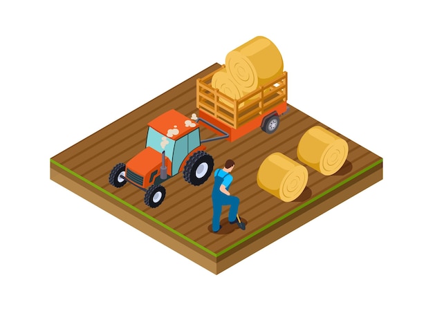 Vector tractor lorry. agricultural work, man digs ground. isometric plantation, harvesting time vector illustration. tractor farming countryside, machine agriculture working