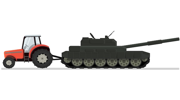 トラクターが大きな緑の戦車を牽引して戦争紛争を牽引