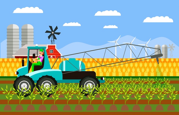 Tractor spraying harvest color vector illustration