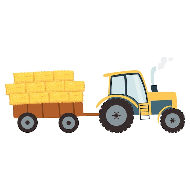 Premium Vector | Tractor with agricultural haycock in the trailer in cartoon  flat style rural hay rolled stack dried farm haystack vector illustration  of fodder straw