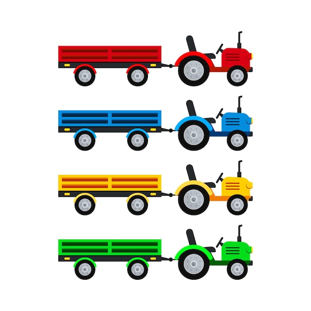 Tractor with open trailer farm vector set isolated on white background