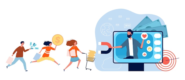 Vector trade marketing. attracting clients and customers, people run to shopping with money. man give online advertising and attract shoppers vector concept. marketing shopping promotion illustration