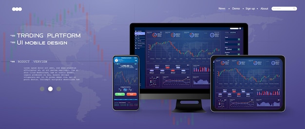 모든 목적에 대한 훌륭한 디자인 무역 UI 무역 개념 웹 사이트 화면 템플릿 외환 시장 뉴스 및 분석 바이너리 옵션 투자 및 온라인 거래를위한 응용 프로그램 태블릿 스마트폰 PC