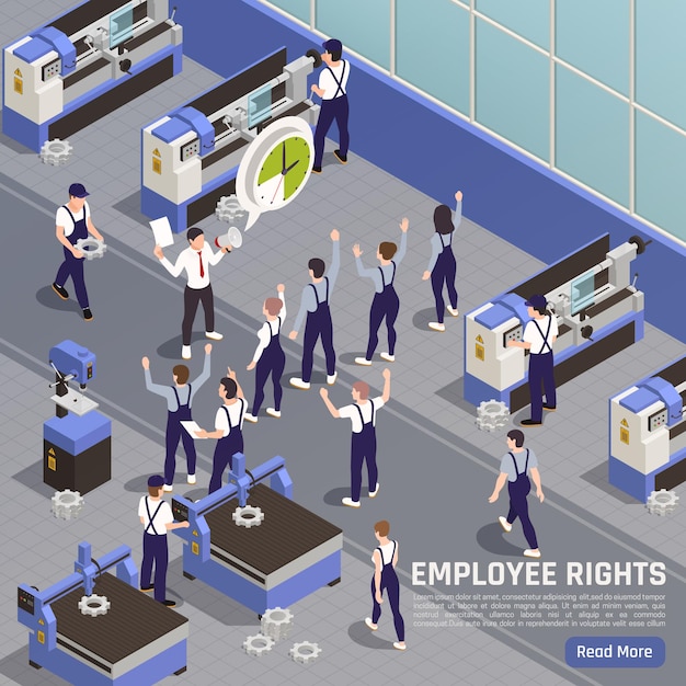 Trade union member encourages industrial manufacturing employees isometric illustration