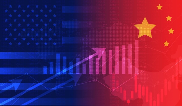 Trade war economy USA America and China flag candlestick graph Stock market exchange and graph chart