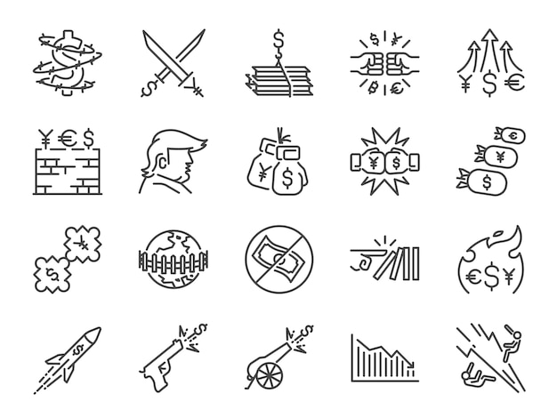 Trade wars icon set.