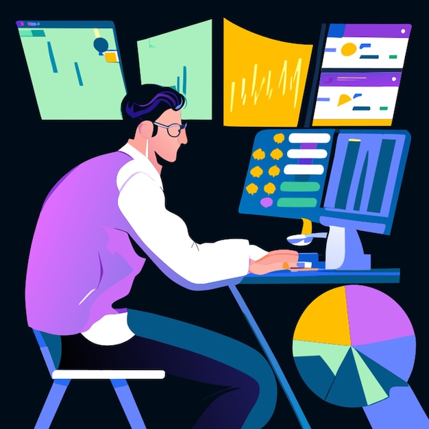 Trader with his head down in the zone using trade platform to trade with a flurry of pumping charts