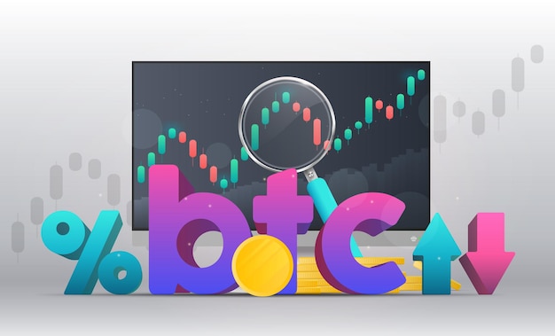 Trading on the bitcoin exchange. percentage with up and down arrows. wallet, bank card, chart, magnifier, monitor. vector.