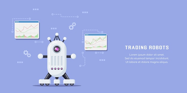 Banner di concetto di robot commerciali. trading in borsa, forex e criptovaluta