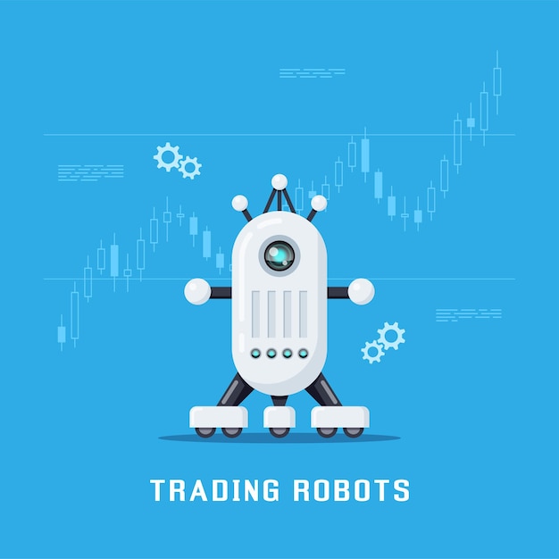 Banner di concetto di robot commerciali. trading in borsa, forex e criptovaluta