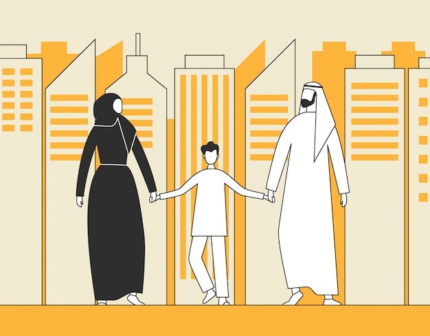 Vector traditional arab family, muslim man, woman and child walking on the background of city skyscrapers.