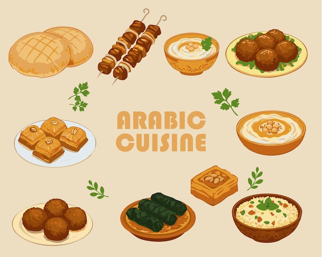 traditional arabic cuisine illustration collection with middle eastern delicacies