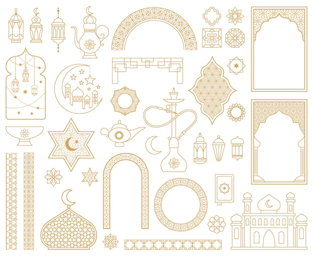 Вектор Традиционный арабский мусульманский восточный золотой декоративный. арабская мечеть, арка, кальян, восточный фонарь, набор векторных иллюстраций с узорчатыми границами. восточный араб. традиционный орнамент