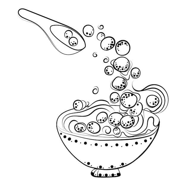 전통 아시아 디저트 Tangyuan, Yuanxiao in Chinese Line art drawing, 추상 벡터.